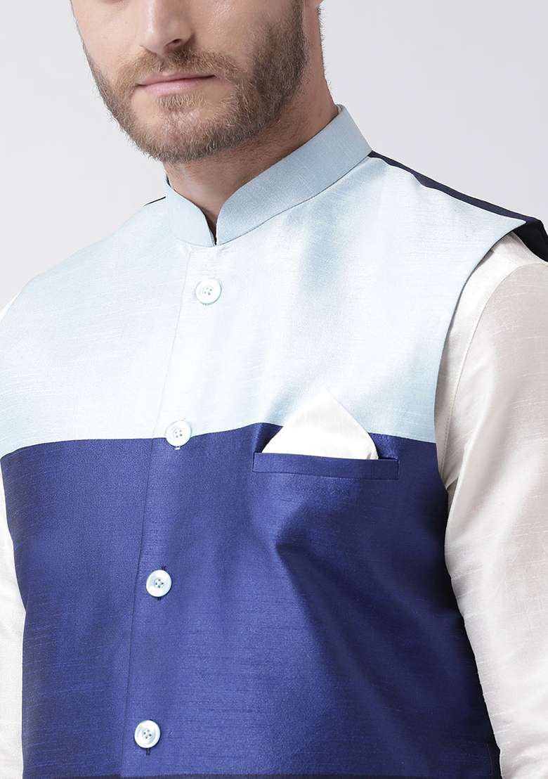 Multi Color Embroidered Silk Blend Nehru Jacket Set For Men - Indya