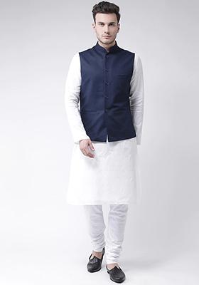 Navy Blue Solid Cotton Nehru Jacket Set For Men