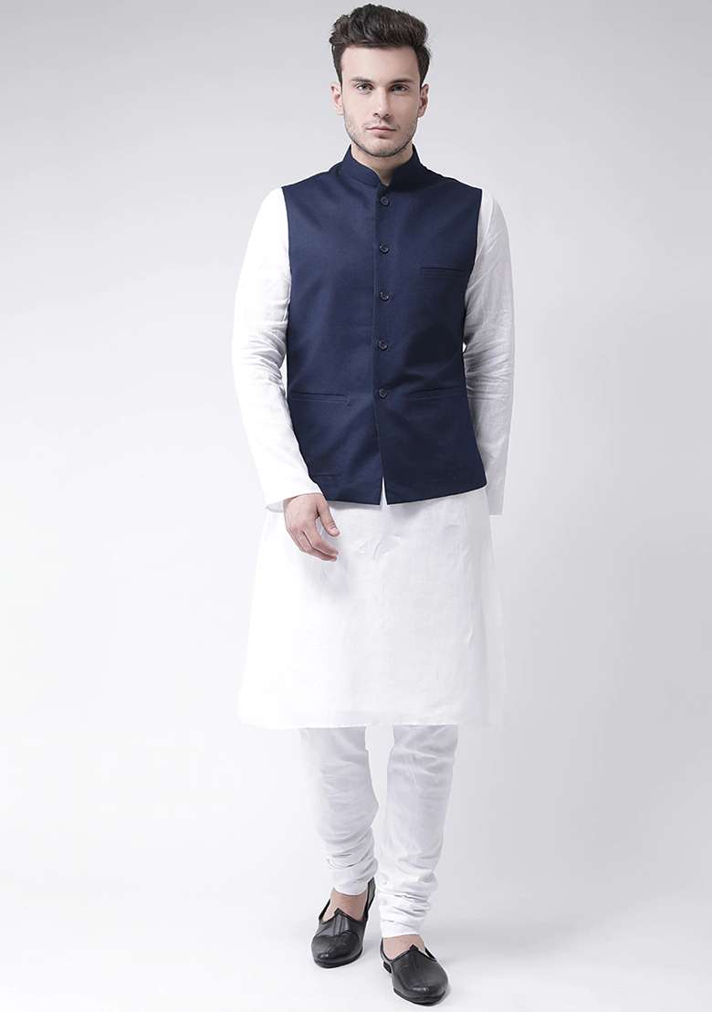Navy Blue Solid Cotton Nehru Jacket Set For Men - Indya