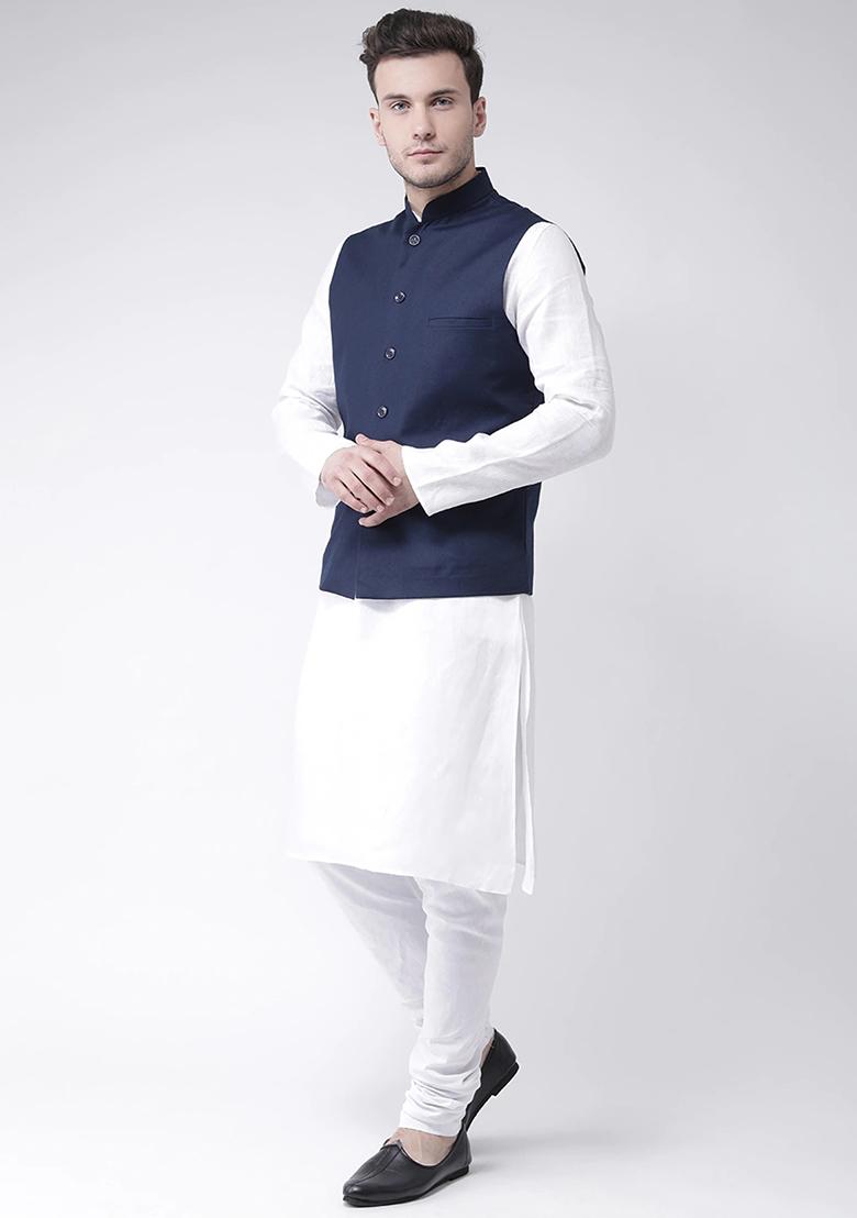 Navy Blue Solid Cotton Nehru Jacket Set For Men