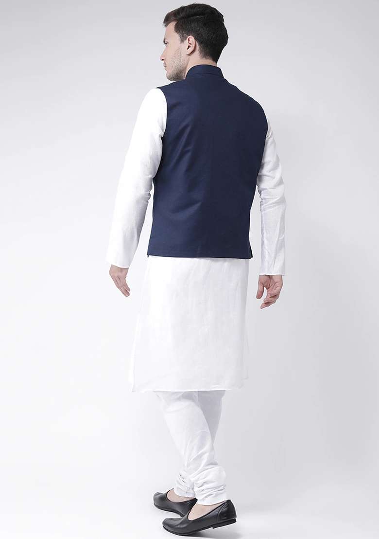 Navy Blue Solid Cotton Nehru Jacket Set For Men - Indya