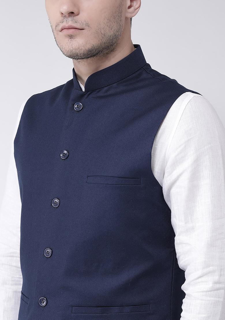 Navy Blue Solid Cotton Nehru Jacket Set For Men