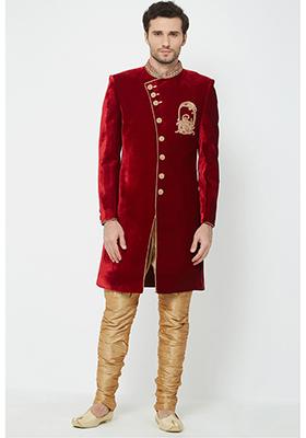 Maroon Embroidered Velvet  Sherwani for Men