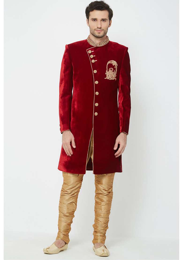 Maroon Embroidered Velvet  Sherwani for Men - Indya
