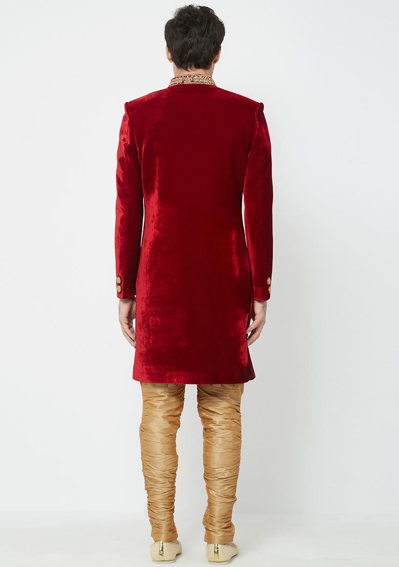 Maroon Embroidered Velvet  Sherwani for Men