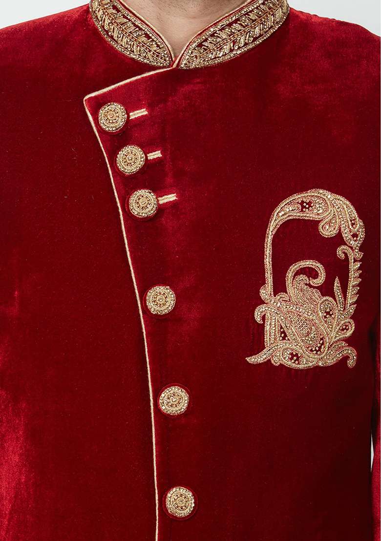 Maroon Embroidered Velvet  Sherwani for Men - Indya