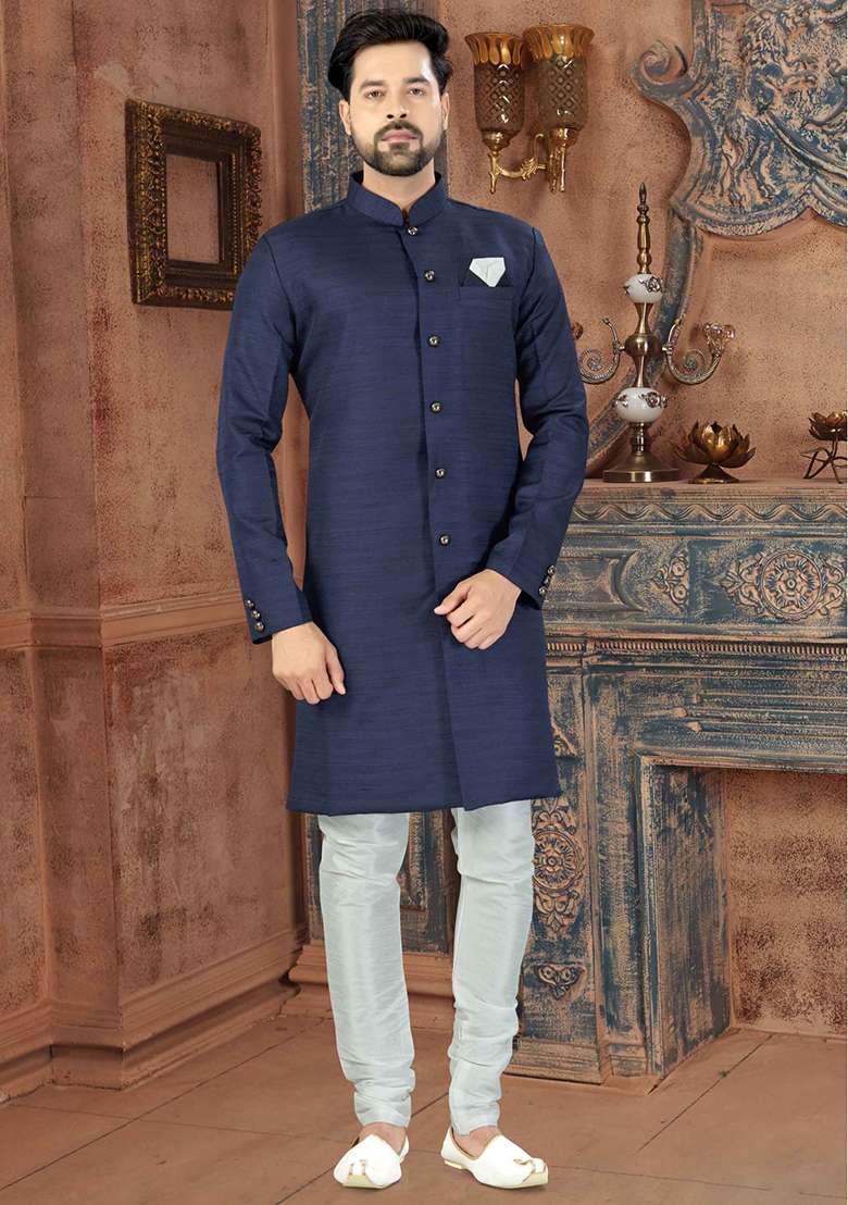 Navy Blue Solid Silk Blend Sherwani for Men - Indya