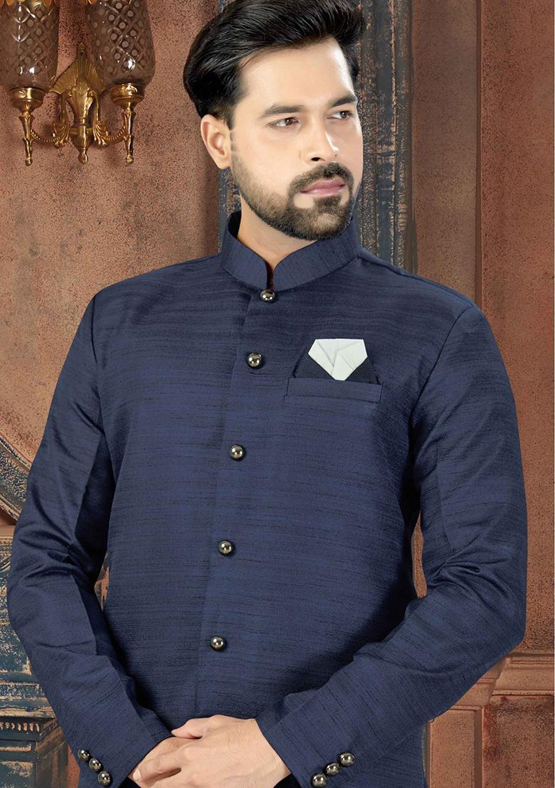 Navy Blue Solid Silk Blend Sherwani for Men