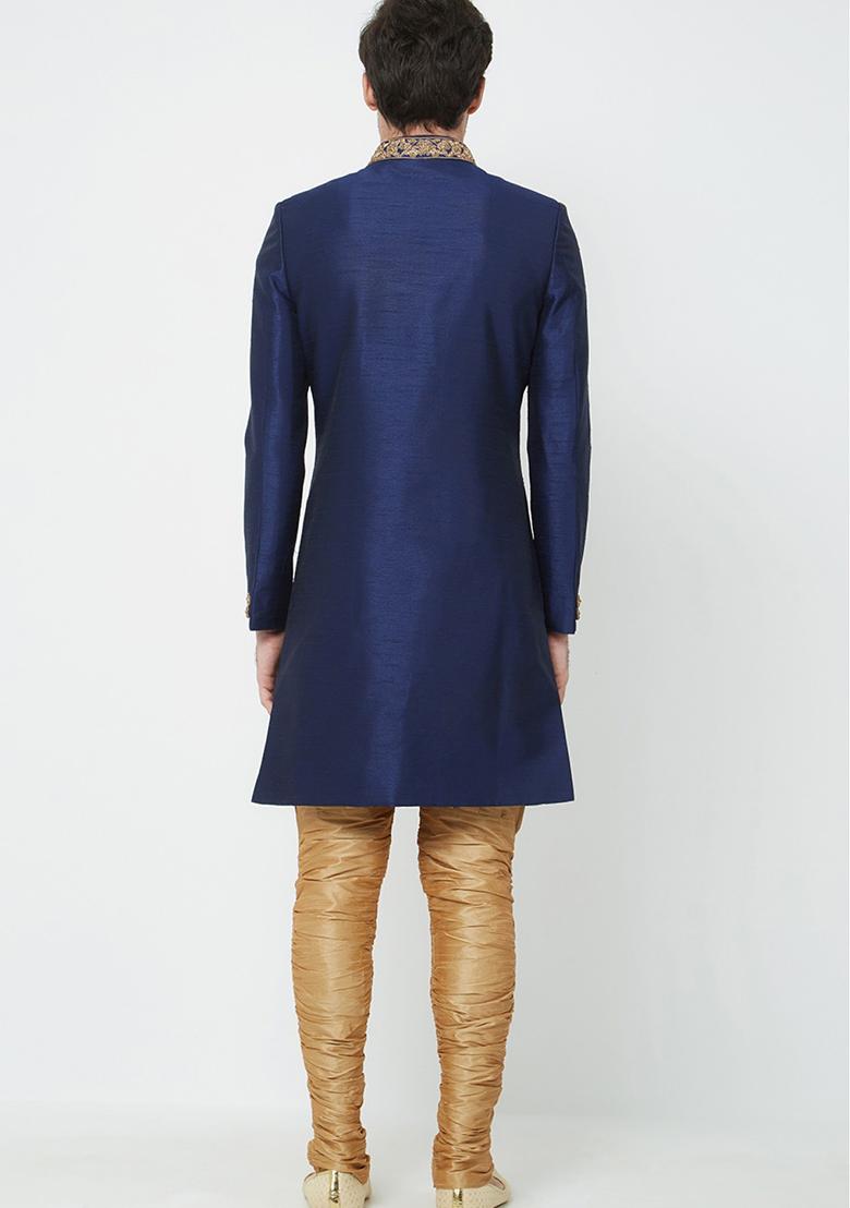 Navy Blue Embroidered Silk Blend Sherwani for Men