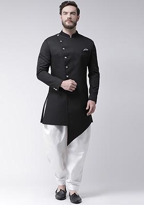 Black Solid Cotton Sherwani for Men