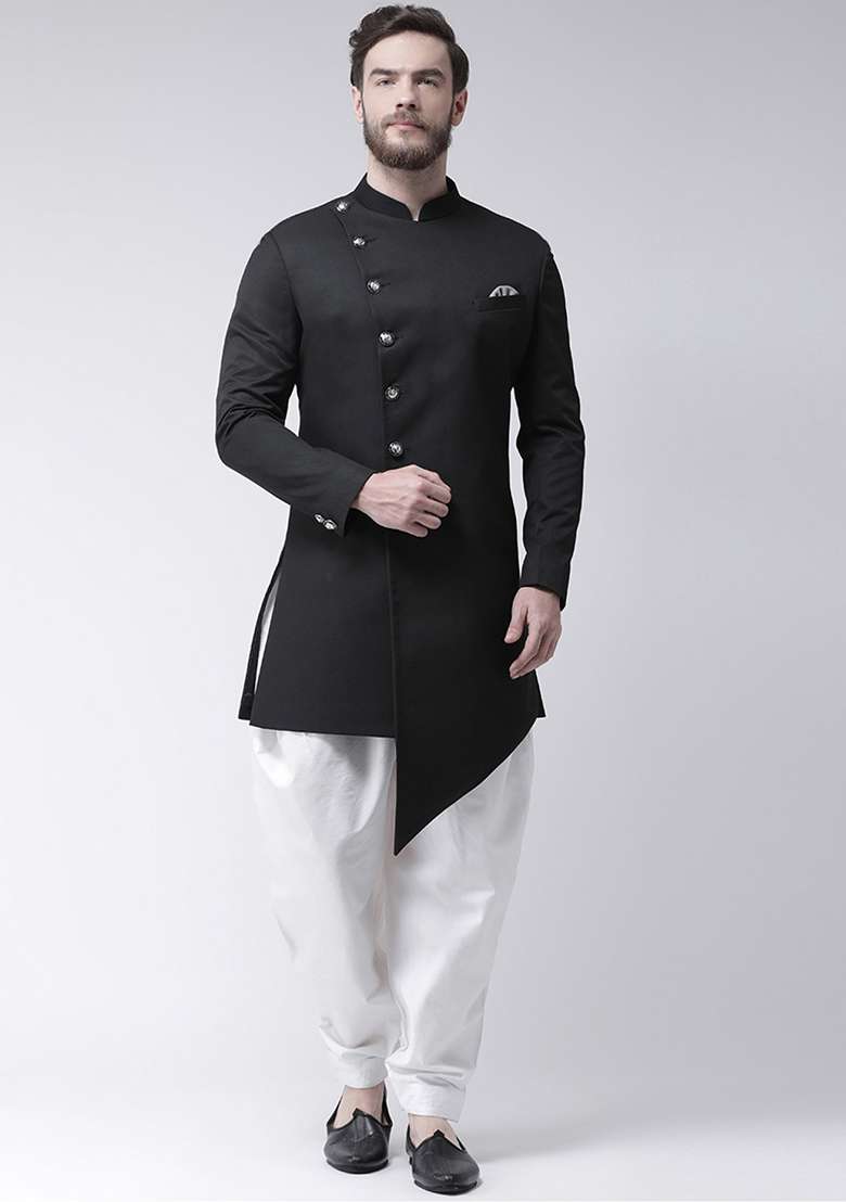 Black Solid Cotton Sherwani for Men - Indya