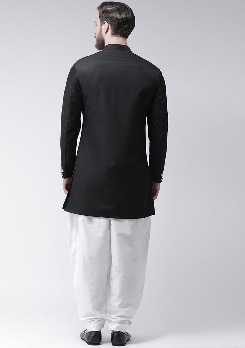Black Solid Cotton Sherwani for Men