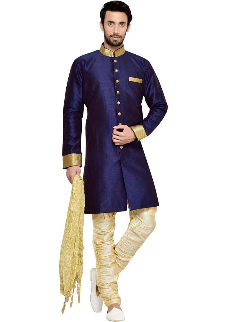 Navy Blue Solid Silk Blend Sherwani for Men - Indya