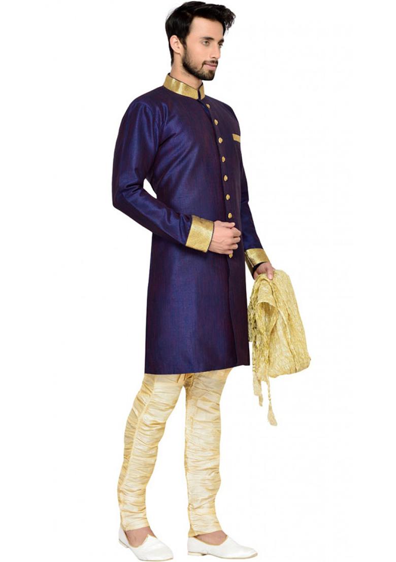Navy Blue Solid Silk Blend Sherwani for Men