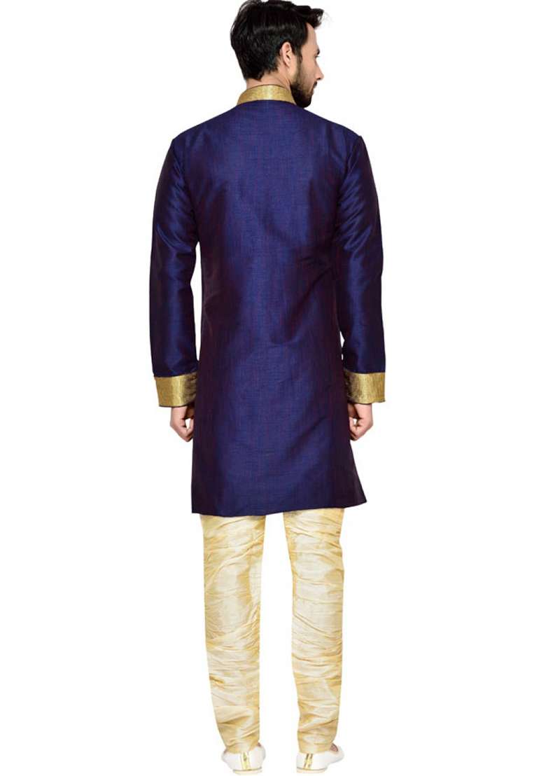 Navy Blue Solid Silk Blend Sherwani for Men - Indya