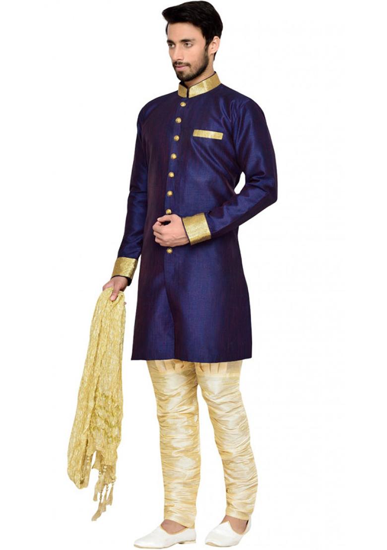 Navy Blue Solid Silk Blend Sherwani for Men