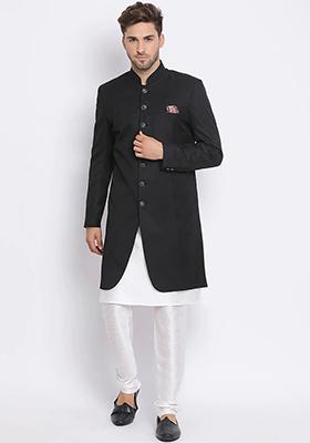 Black Solid Cotton Sherwani for Men