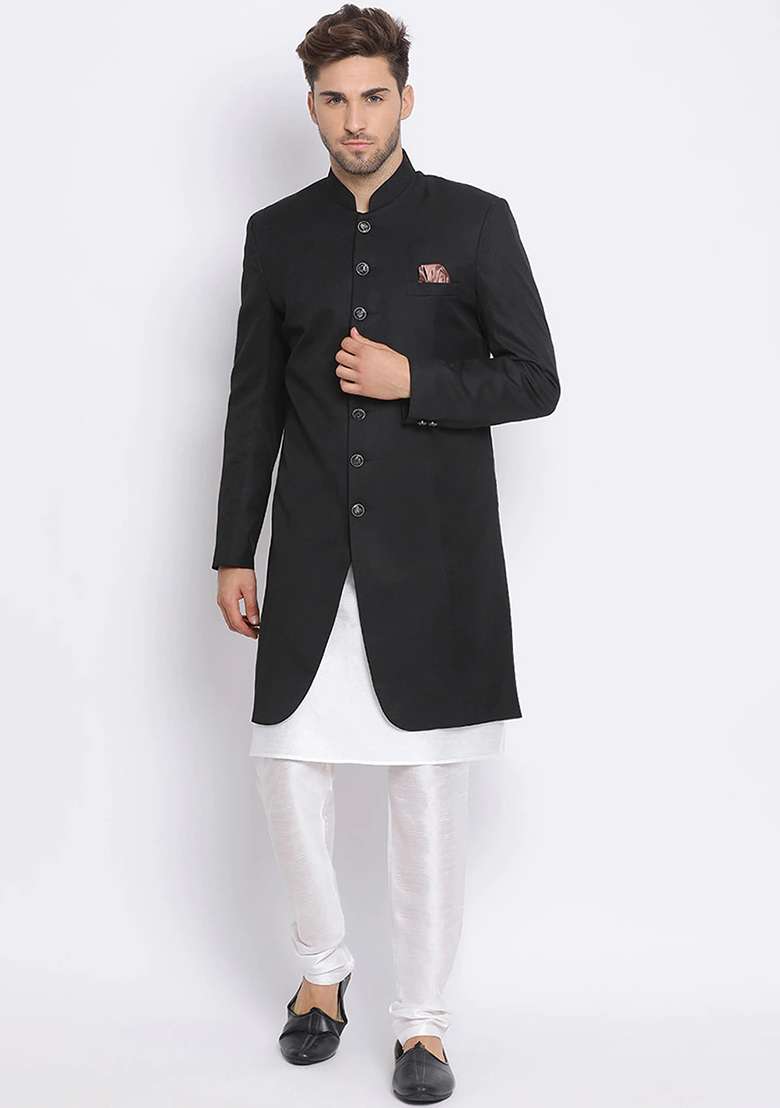 Black Solid Cotton Sherwani for Men - Indya