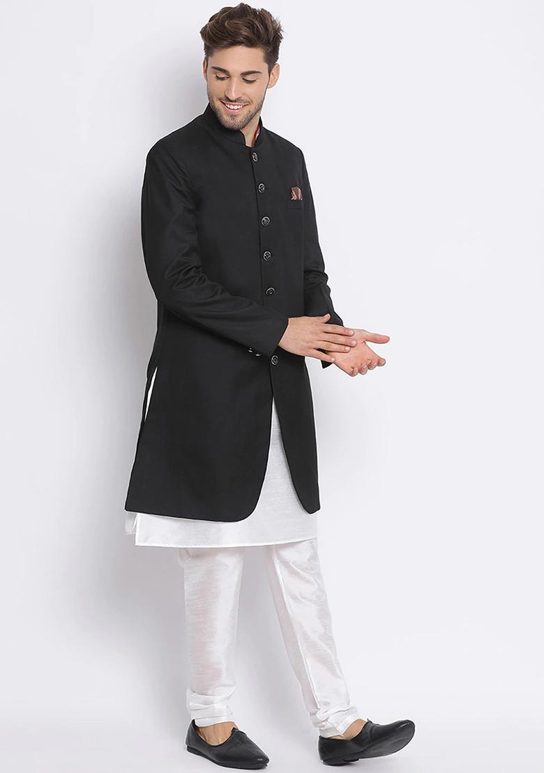 Black Solid Cotton Sherwani for Men