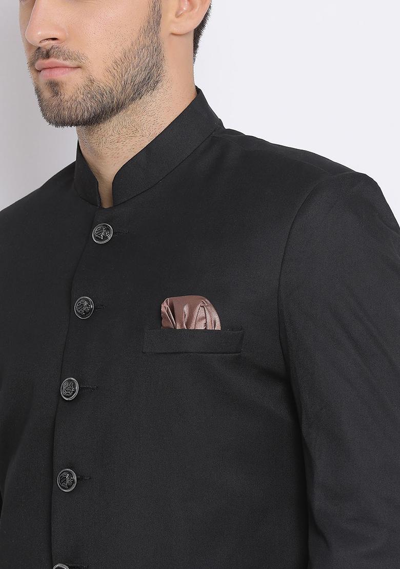 Black Solid Cotton Sherwani for Men