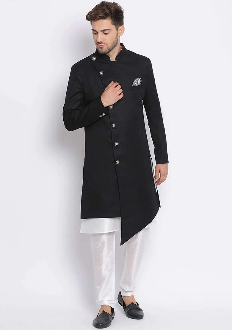 Black Solid Cotton Sherwani for Men - Indya