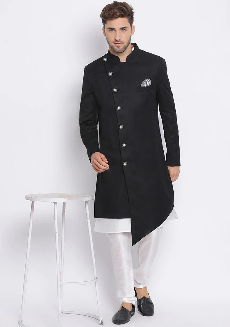 Black Solid Cotton Sherwani for Men