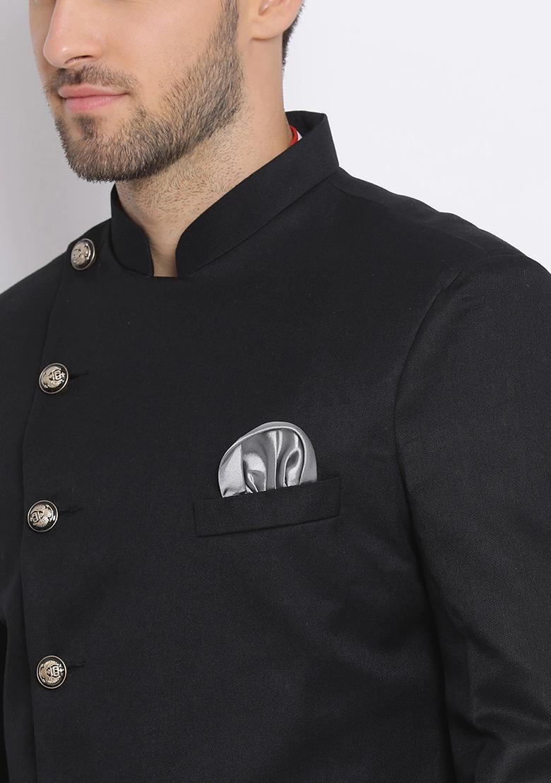 Black Solid Cotton Sherwani for Men