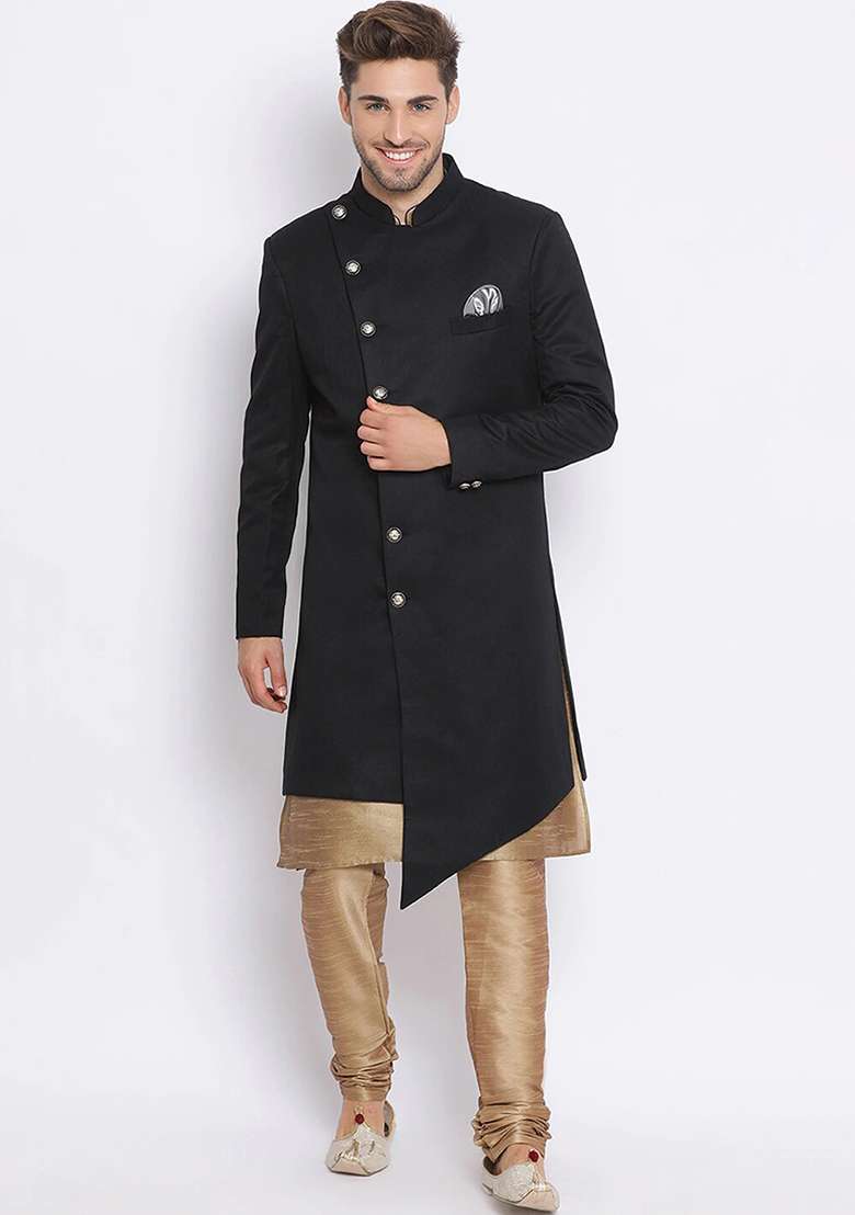 Black Solid Cotton Sherwani for Men - Indya