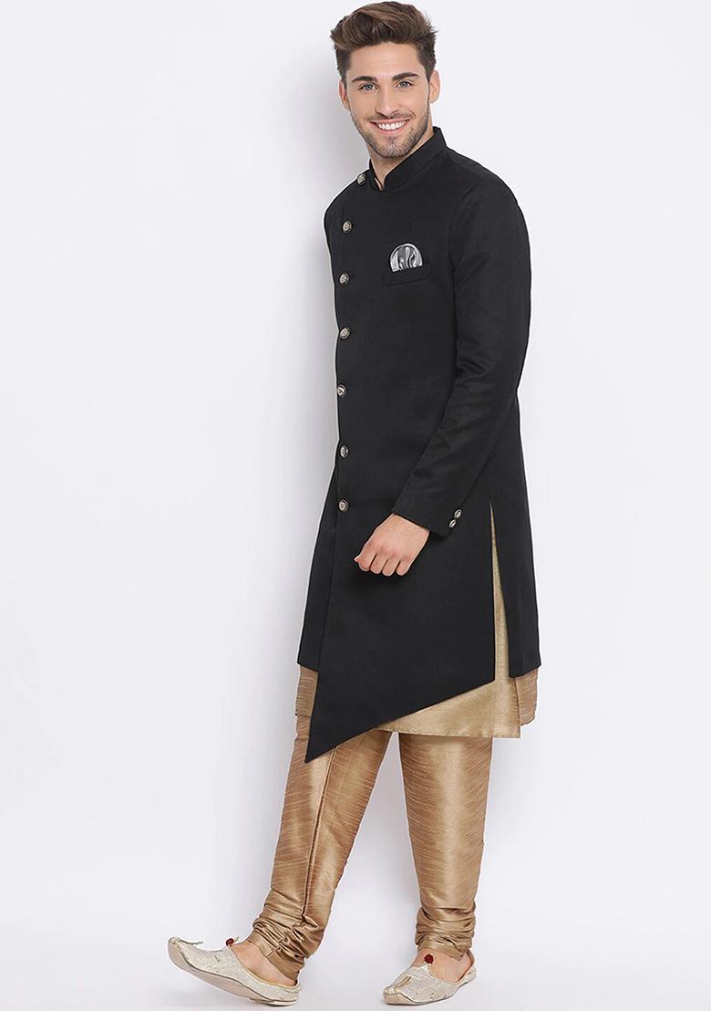 Black Solid Cotton Sherwani for Men