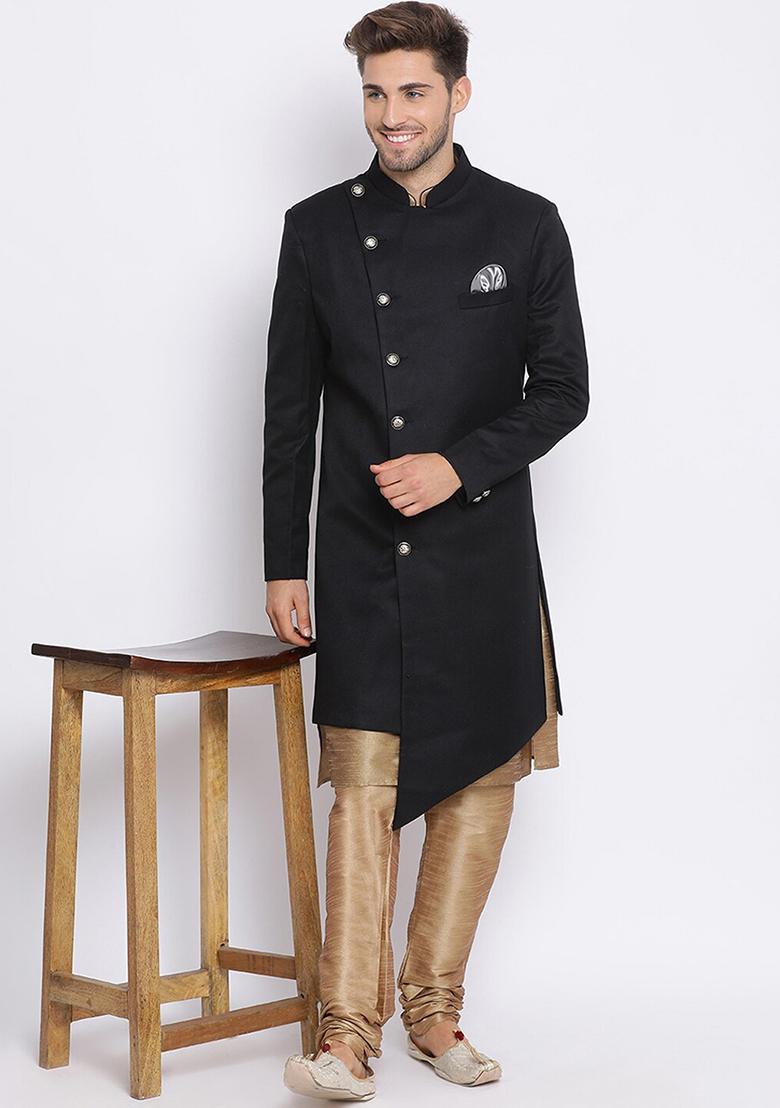 Black Solid Cotton Sherwani for Men