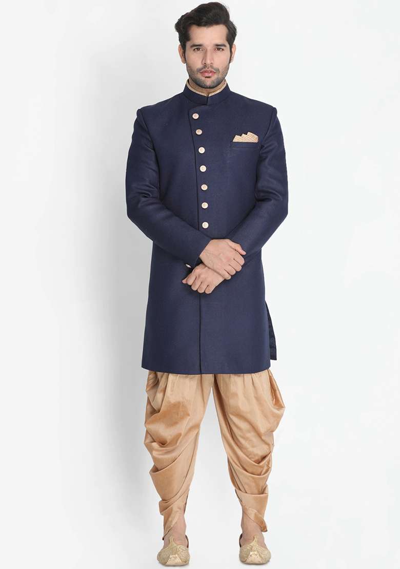 Blue Solid Cotton Sherwani for Men - Indya