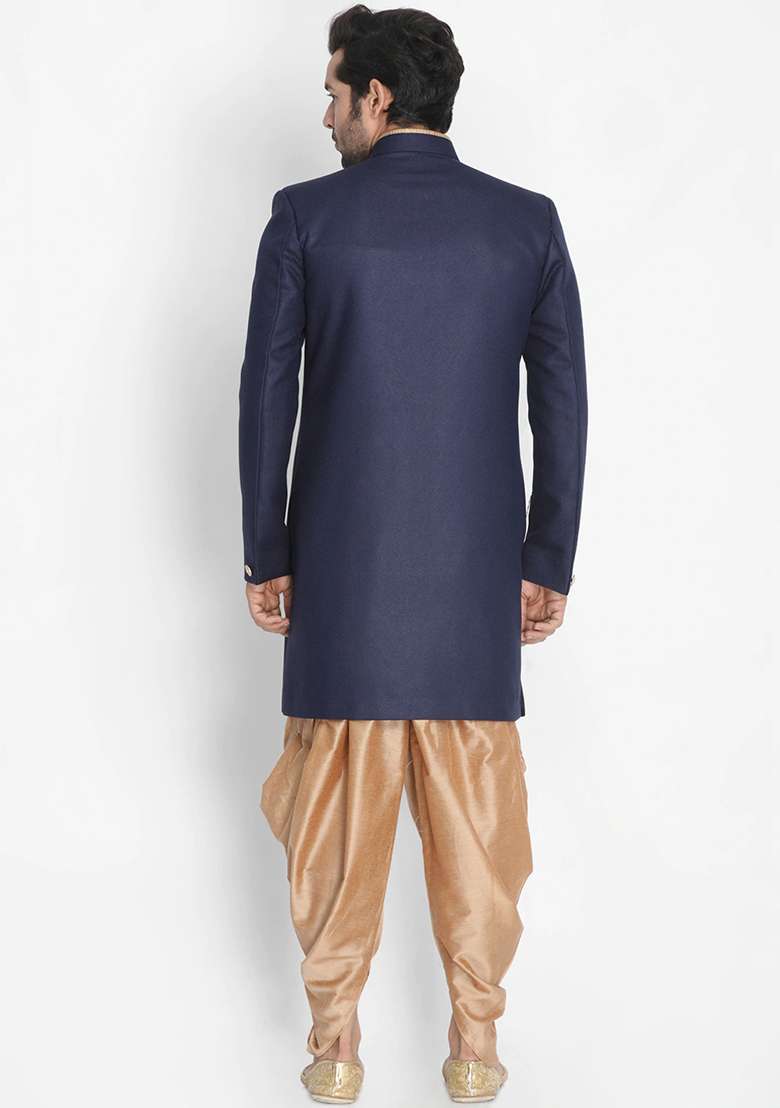 Blue Solid Cotton Sherwani for Men - Indya