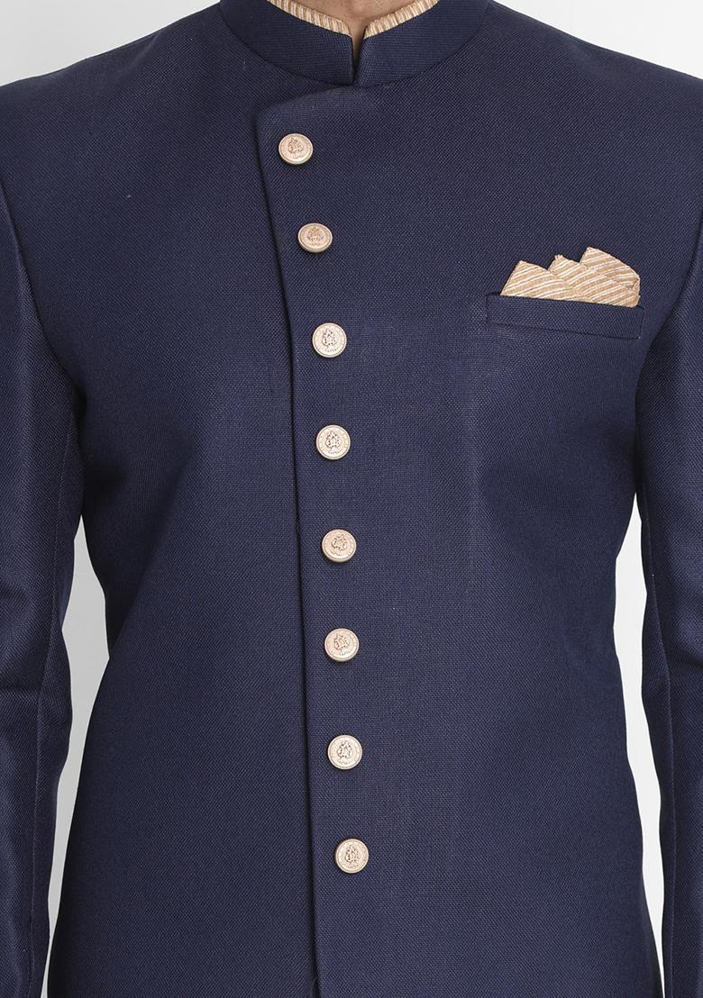 Blue Solid Cotton Sherwani for Men