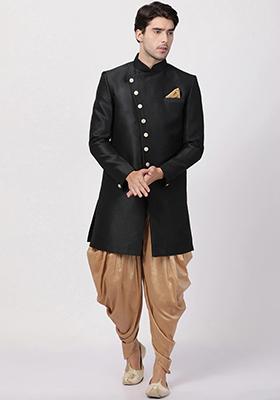 Black Solid Silk Blend Sherwani for Men