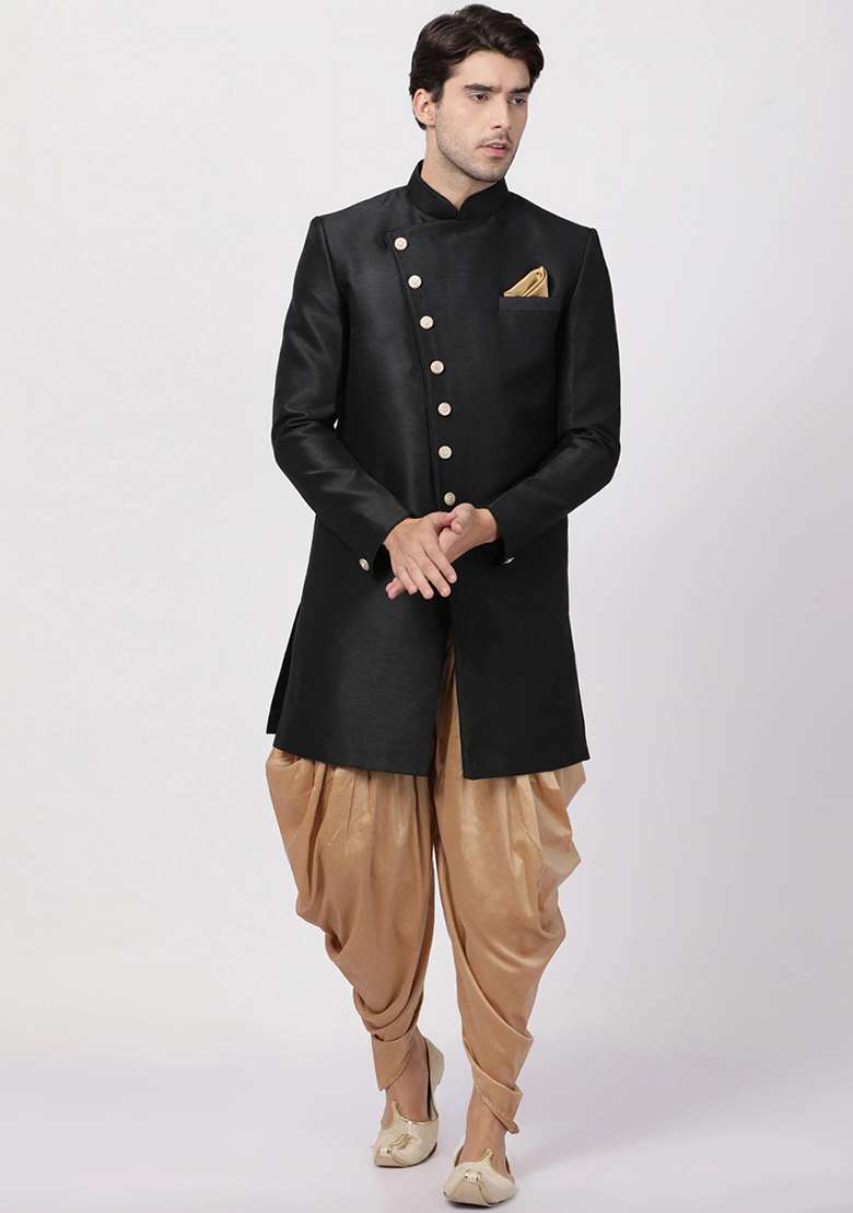 Black Solid Silk Blend Sherwani for Men - Indya