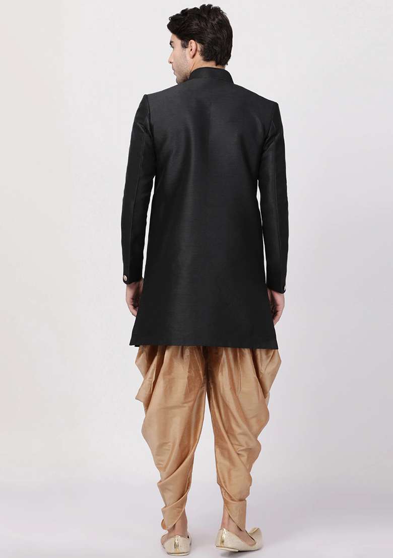 Black Solid Silk Blend Sherwani for Men - Indya