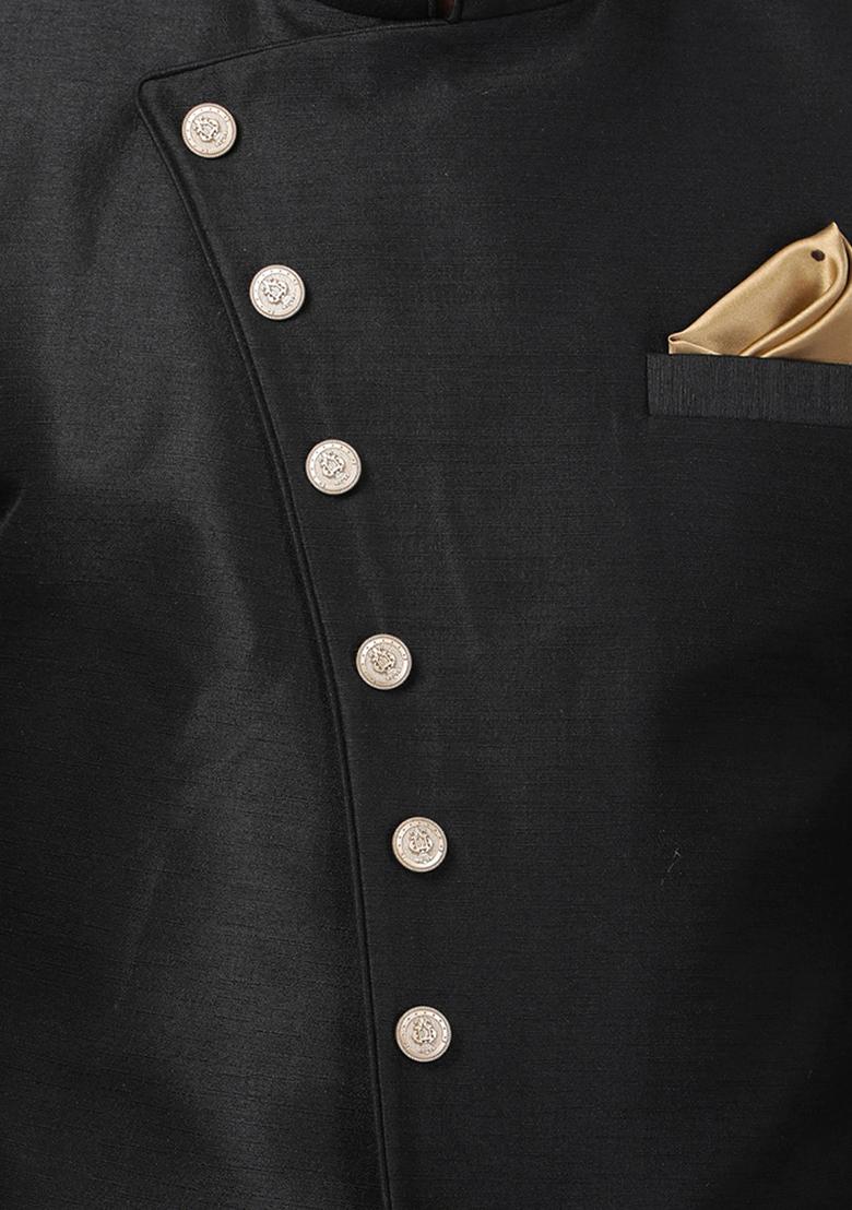 Black Solid Silk Blend Sherwani for Men