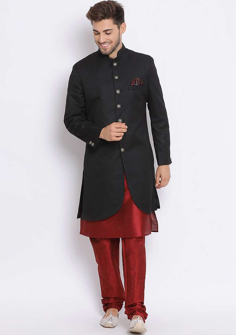 Black Solid Cotton Sherwani for Men - Indya