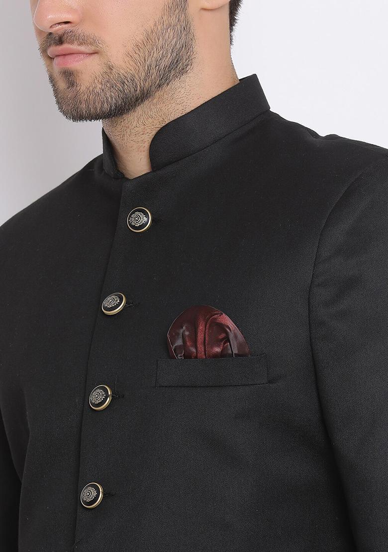 Black Solid Cotton Sherwani for Men