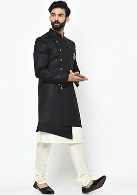 Black Solid Cotton Sherwani for Men