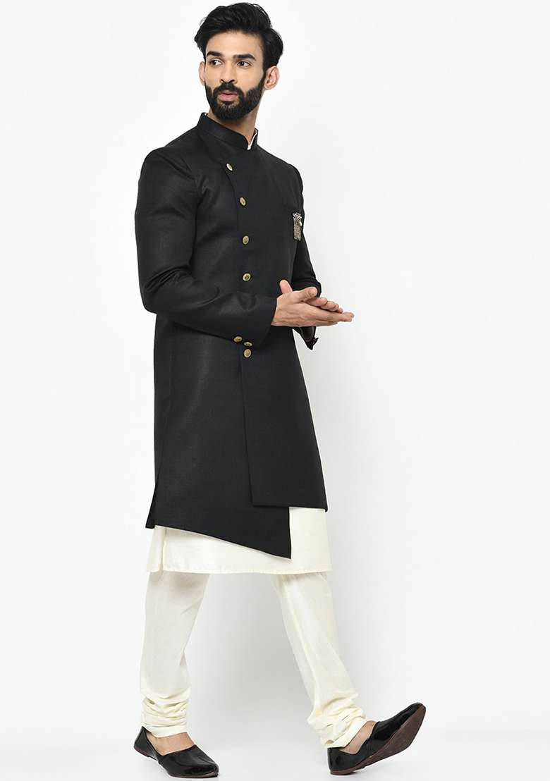 Black Solid Cotton Sherwani for Men - Indya