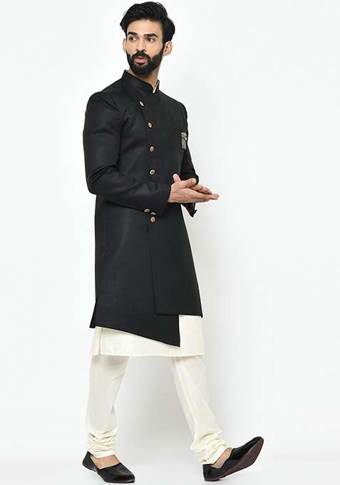 Black Solid Cotton Sherwani for Men