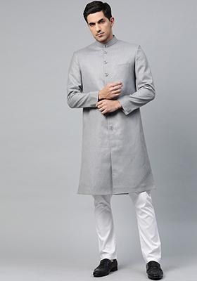 Grey Solid Cotton Sherwani for Men