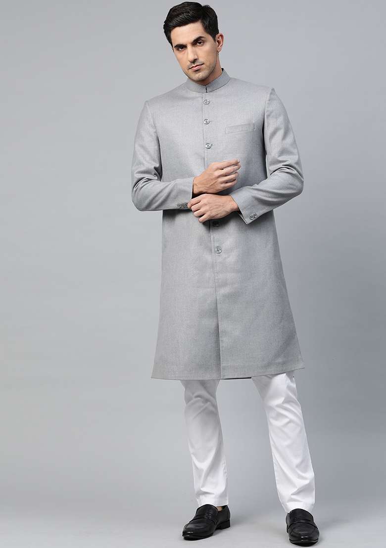 Grey Solid Cotton Sherwani for Men - Indya