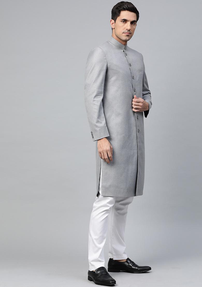 Grey Solid Cotton Sherwani for Men