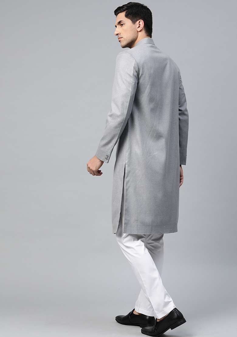 Grey Solid Cotton Sherwani for Men - Indya