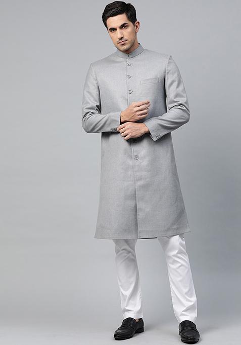 Grey Solid Cotton Sherwani for Men