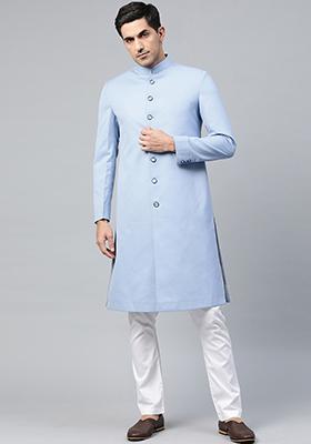 Sky Blue Solid Cotton Sherwani for Men
