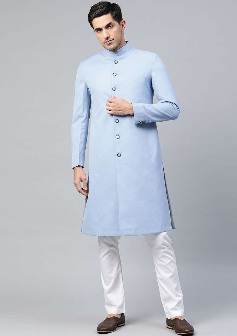 Sky Blue Solid Cotton Sherwani for Men - Indya