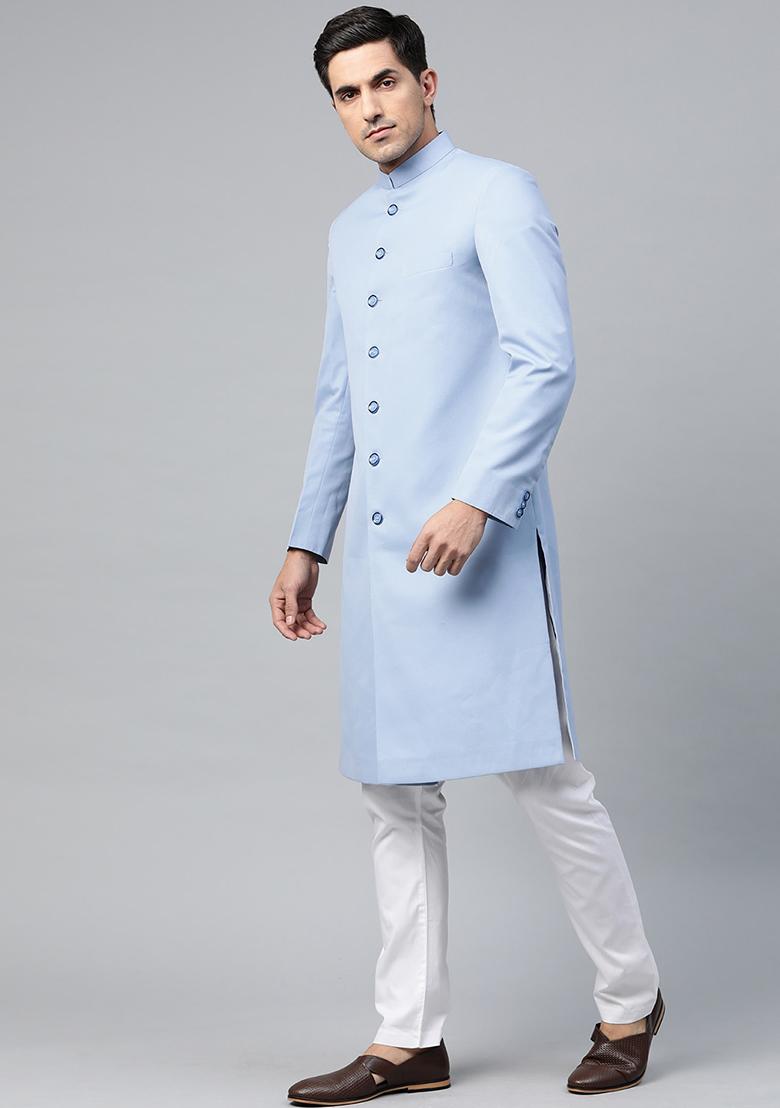Sky Blue Solid Cotton Sherwani for Men
